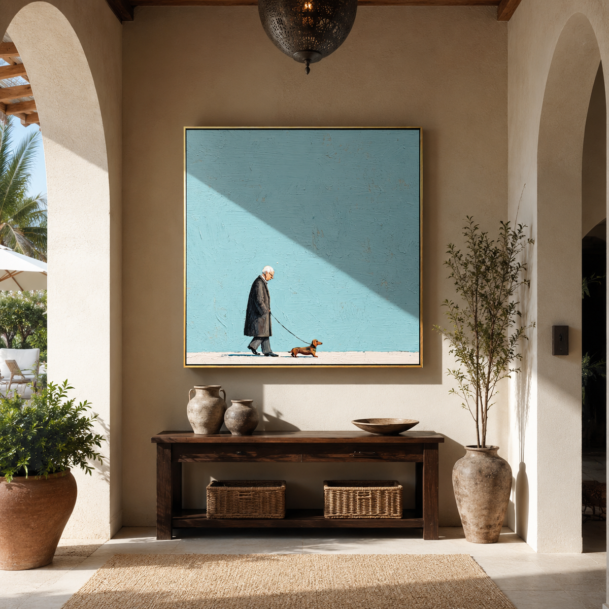 Turquoise Walk Tiny Hound elder walking small dog painting displayed in a styled interior