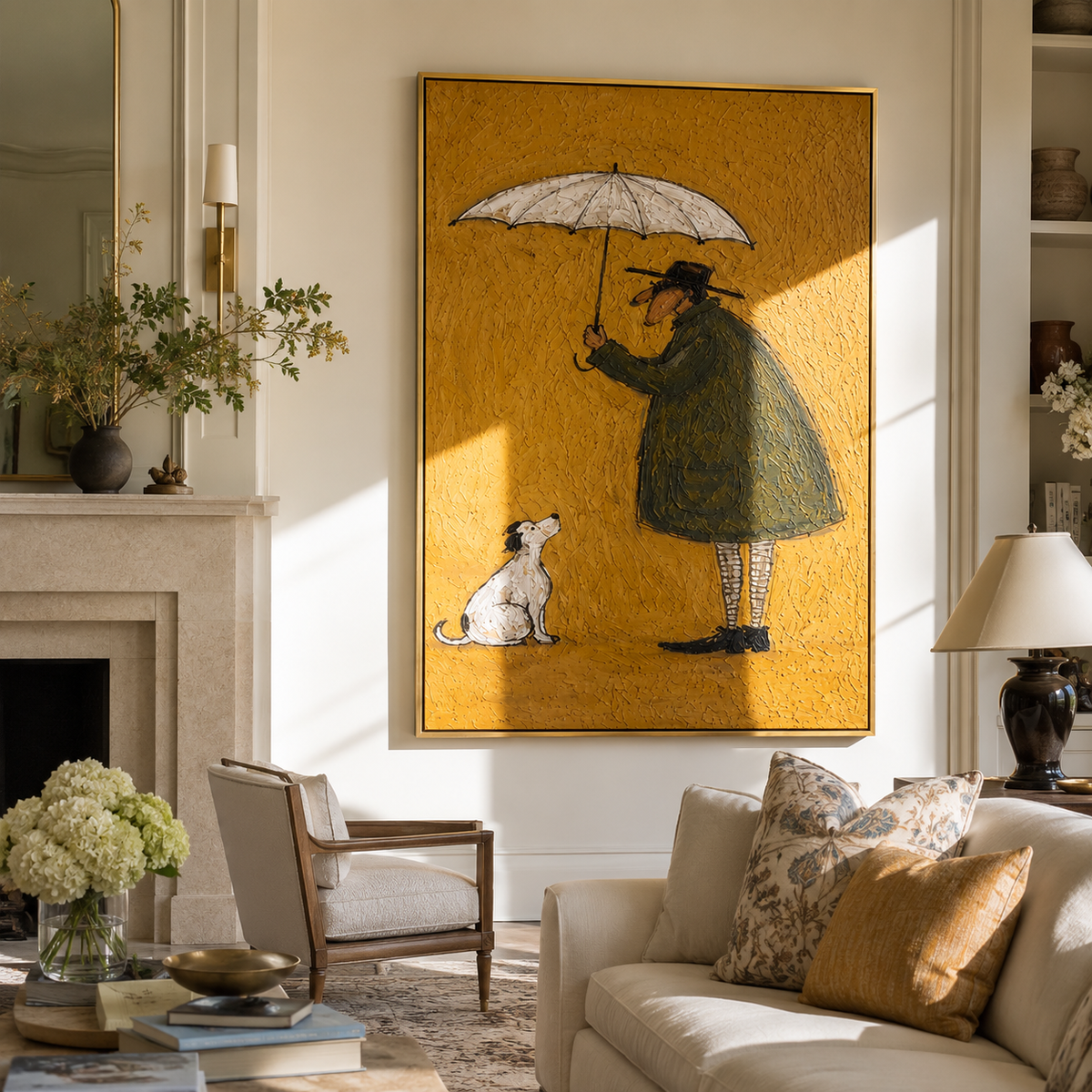 Umbrella Shelters Quiet Friend artwork styled as a warm modern focal point