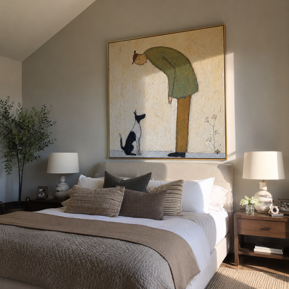Black Cat Looks Up artwork styled as a warm modern focal point