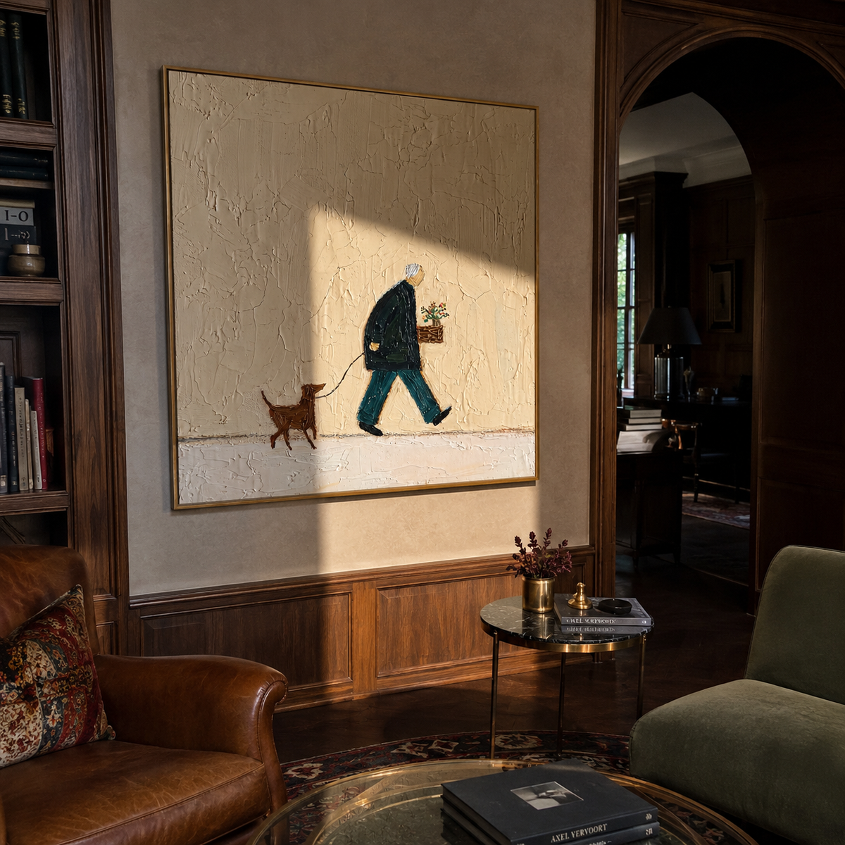 Flowers Lead Red Hound painting presented in an alternate room setting
