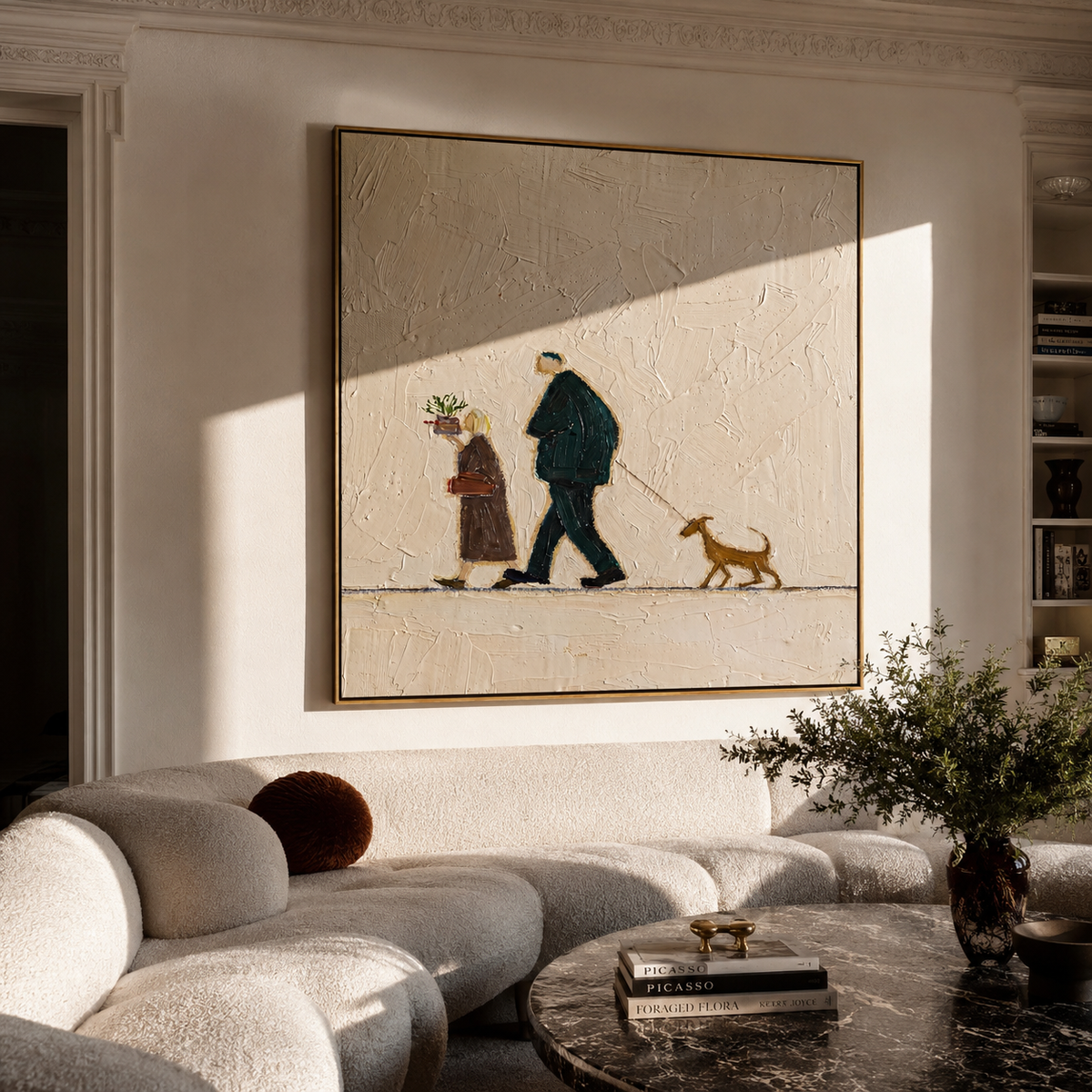 Garden Gift Walks Home person with plant and dog painting displayed in a styled interior