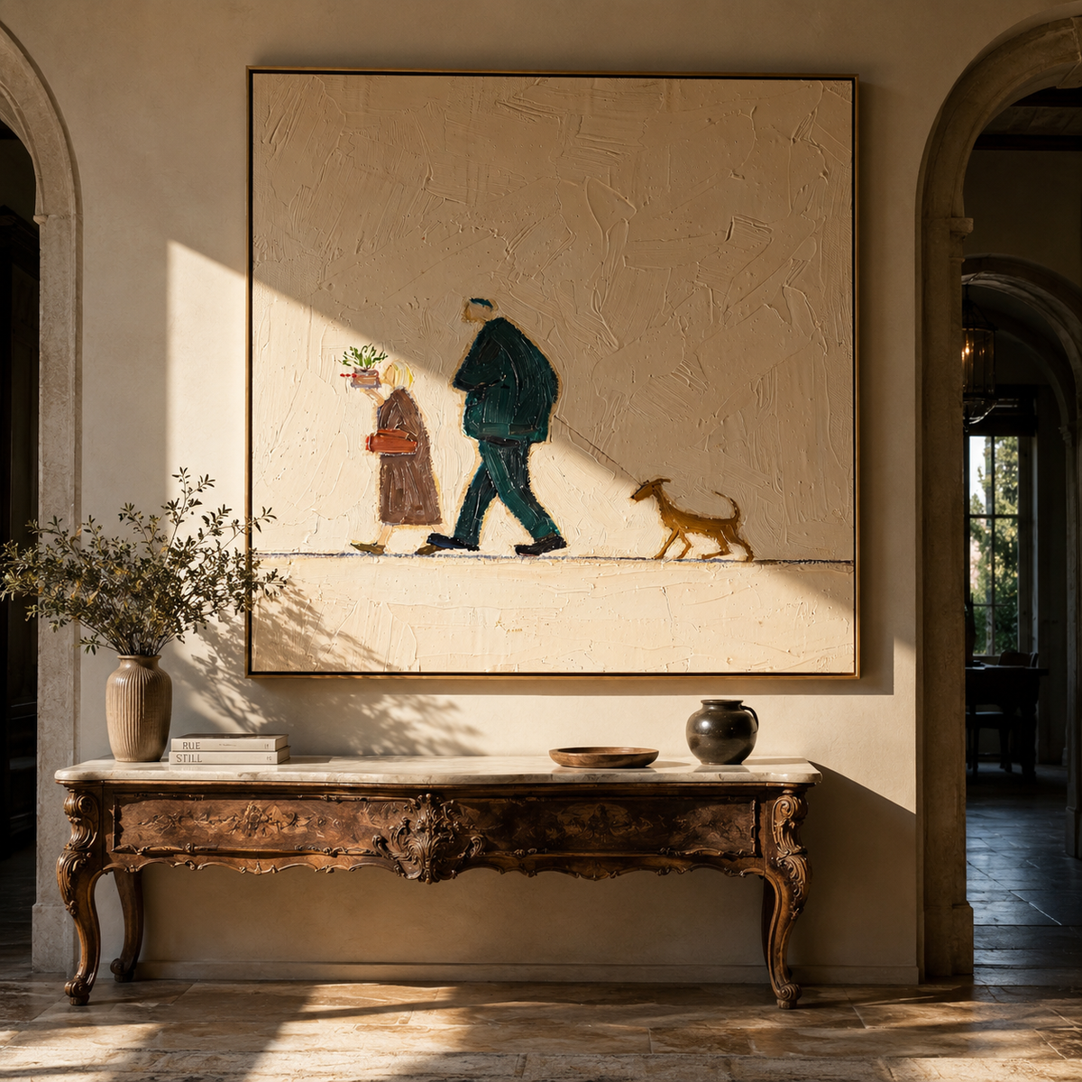 Garden Gift Walks Home people and pets wall art above contemporary furnishings
