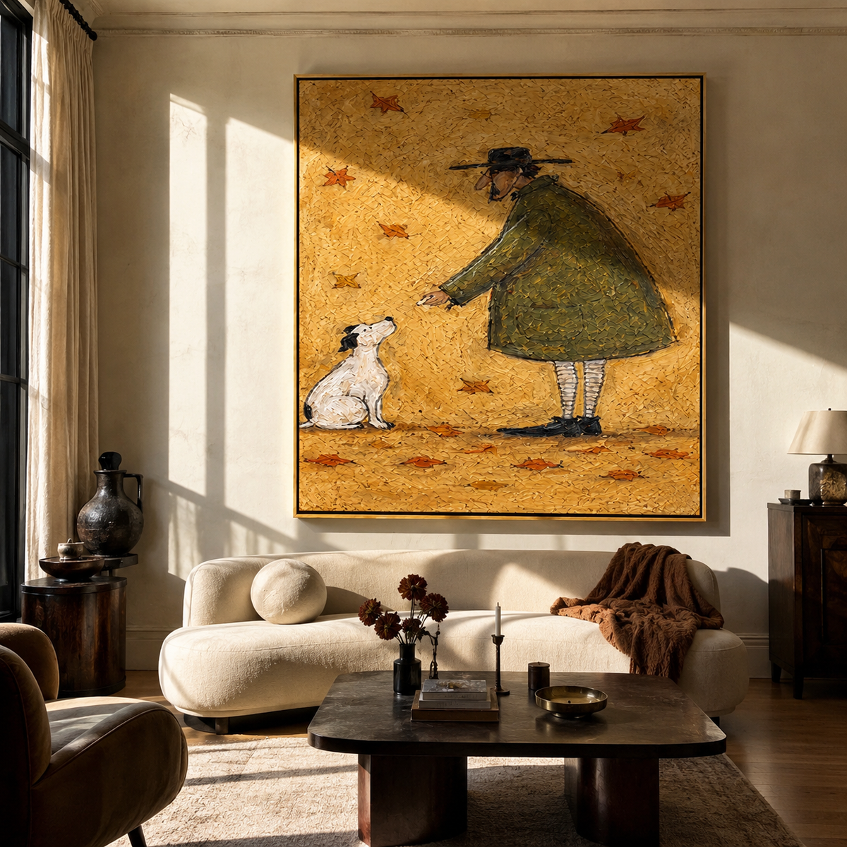 Autumn Leaves Circle Friends person and white dog autumn painting displayed in a styled interior