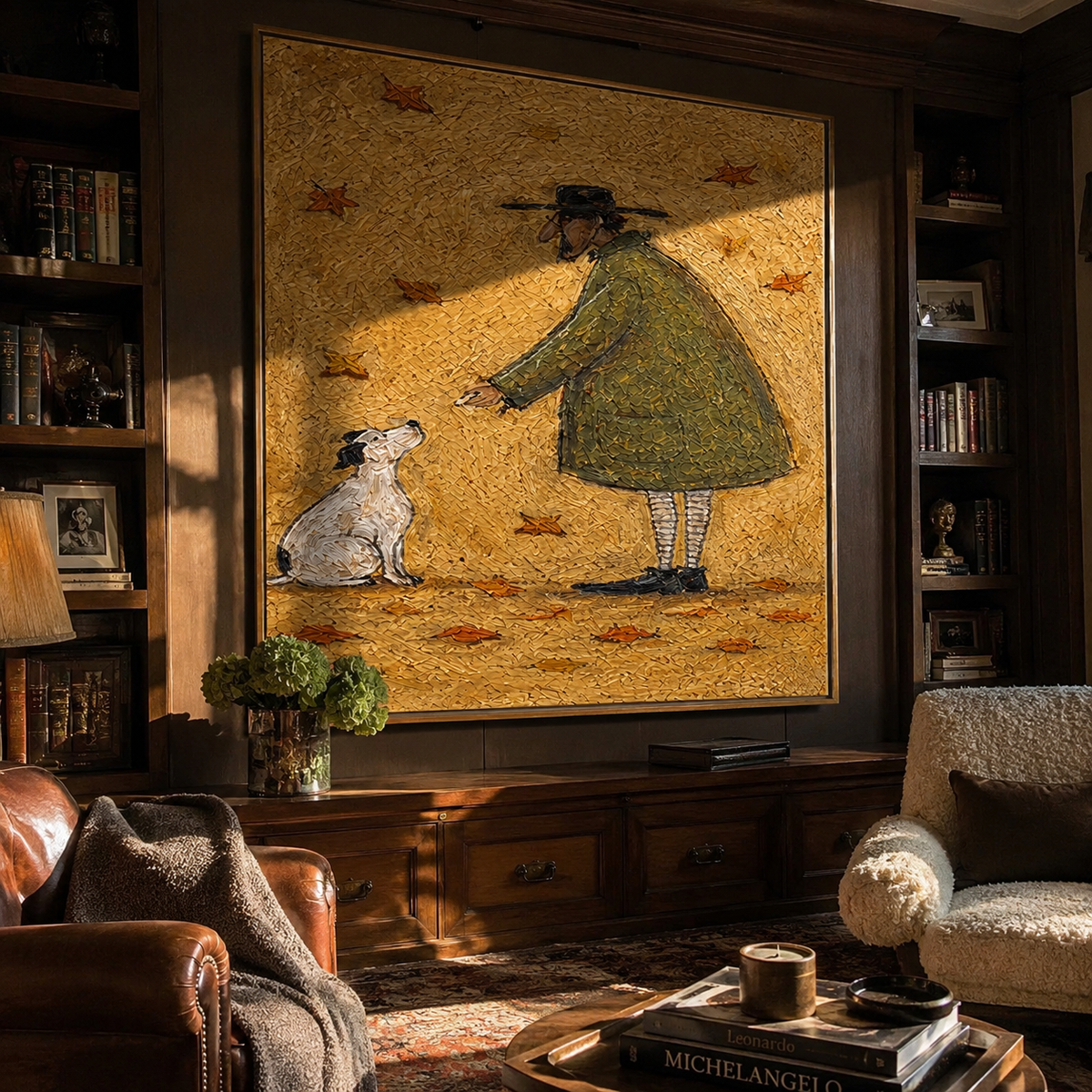 Autumn Leaves Circle Friends people and pets wall art above contemporary furnishings