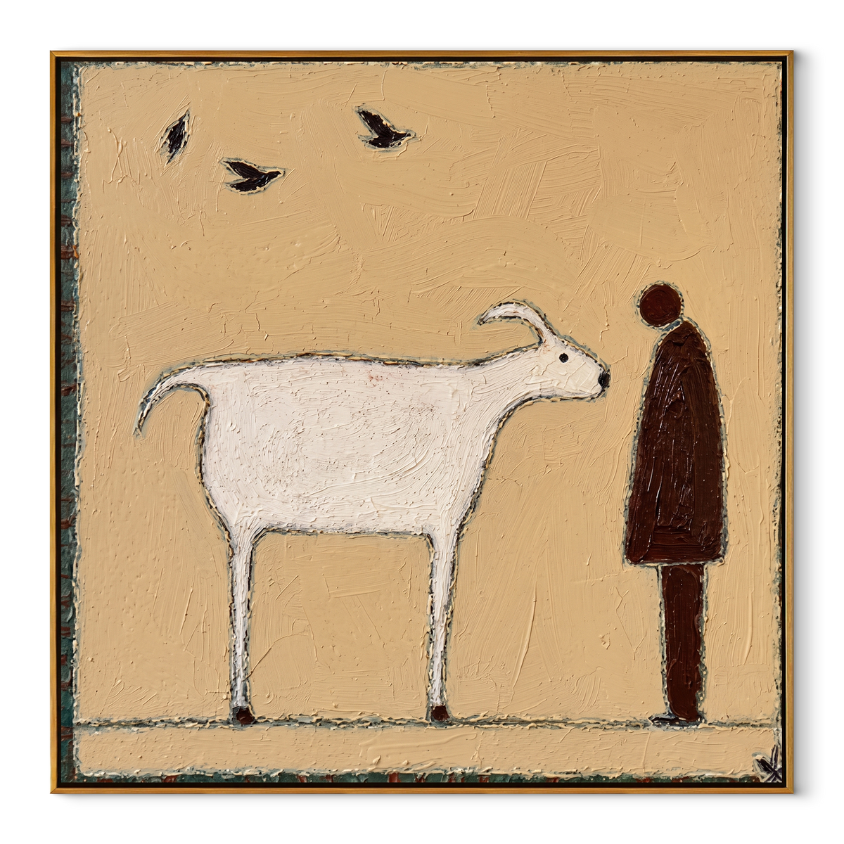 White Goat Meets Silence square painting in a wood frame on a white background