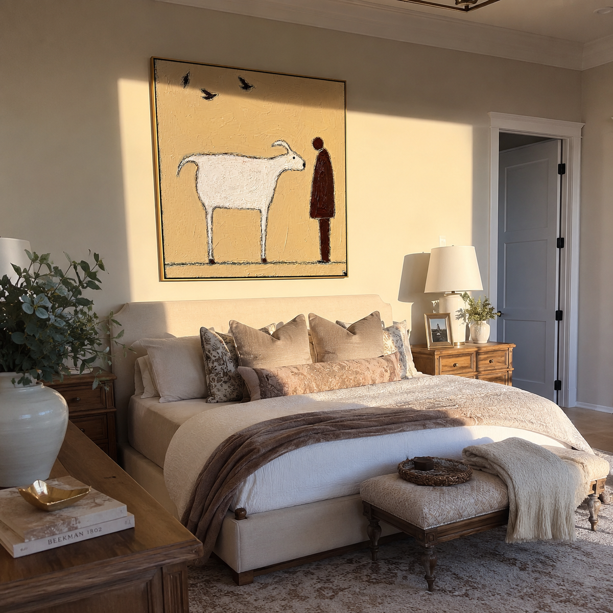 White Goat Meets Silence people and pets wall art above contemporary furnishings