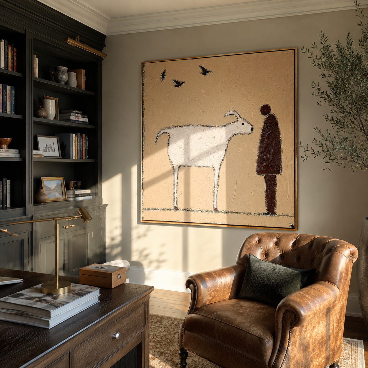 White Goat Meets Silence painting presented in an alternate room setting