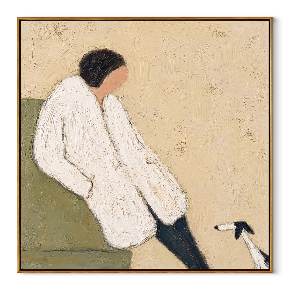 White Sleeves Quiet Hound square painting in a wood frame on a white background