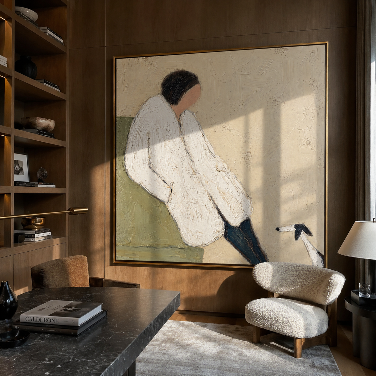 White Sleeves Quiet Hound people and pets wall art above contemporary furnishings