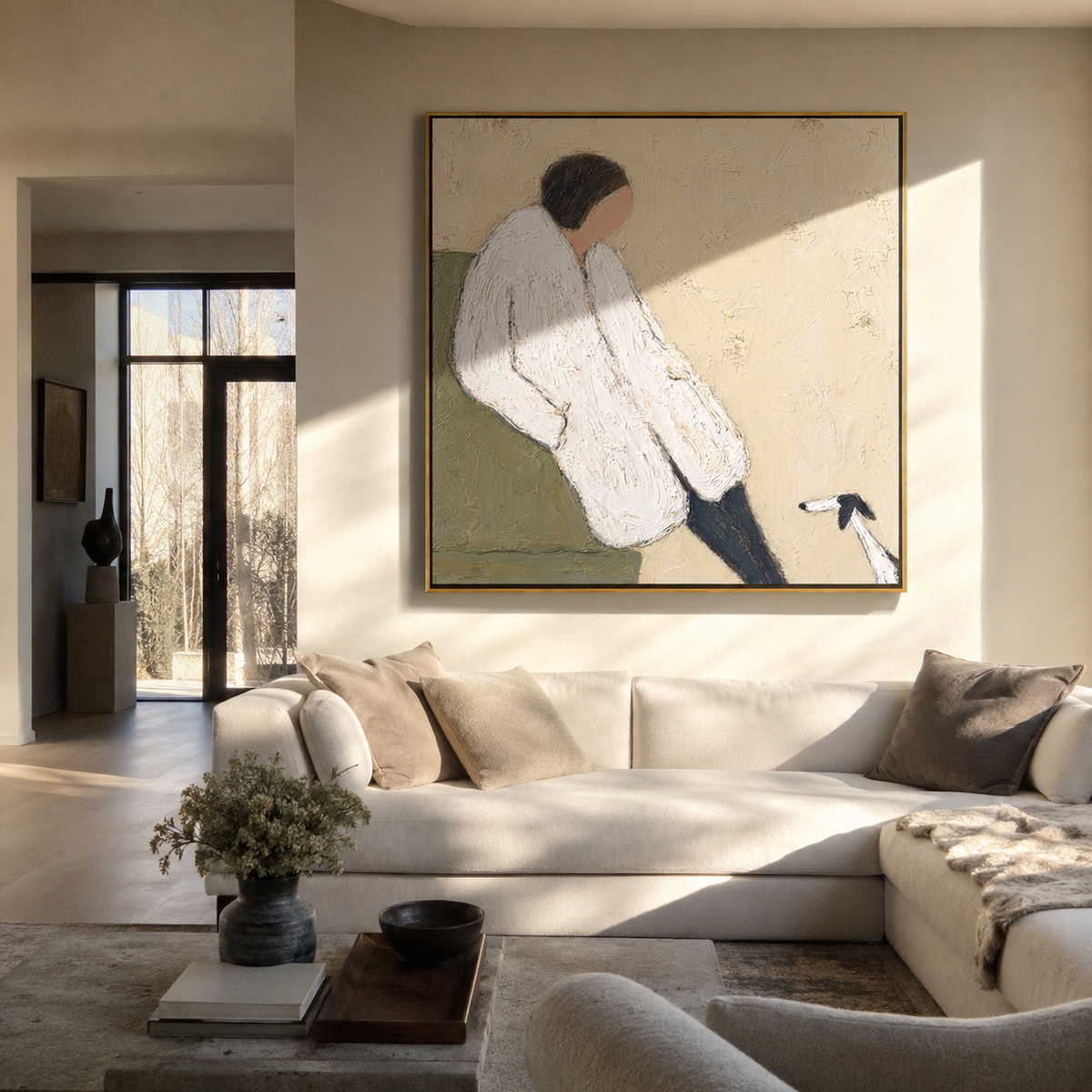White Sleeves Quiet Hound painting presented in an alternate room setting