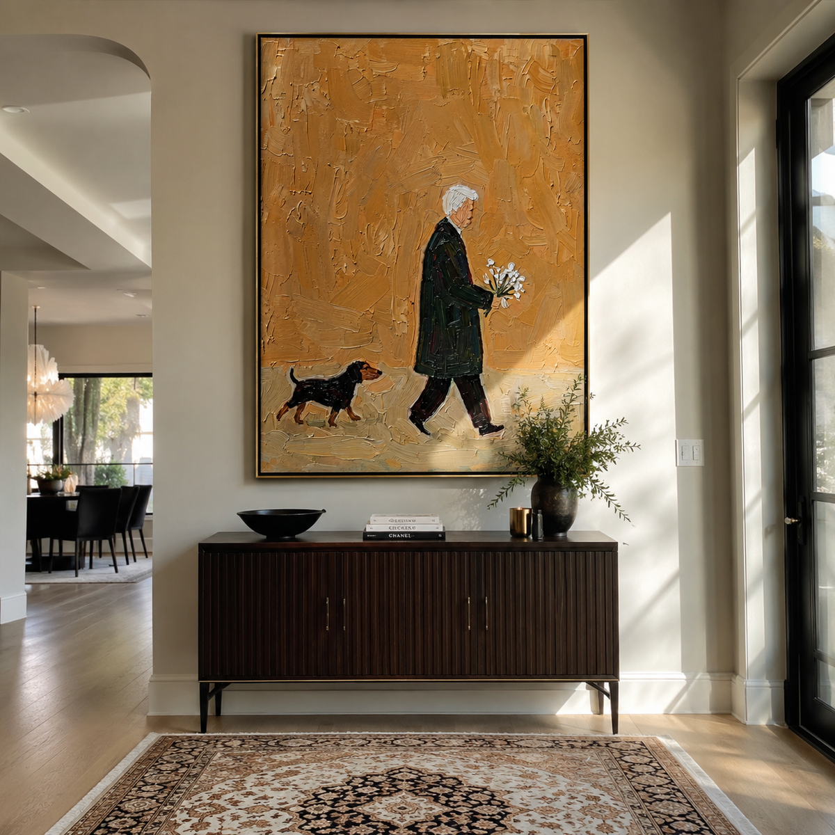 Gold Morning Flower Walk elder with flowers and dog painting displayed in a styled interior