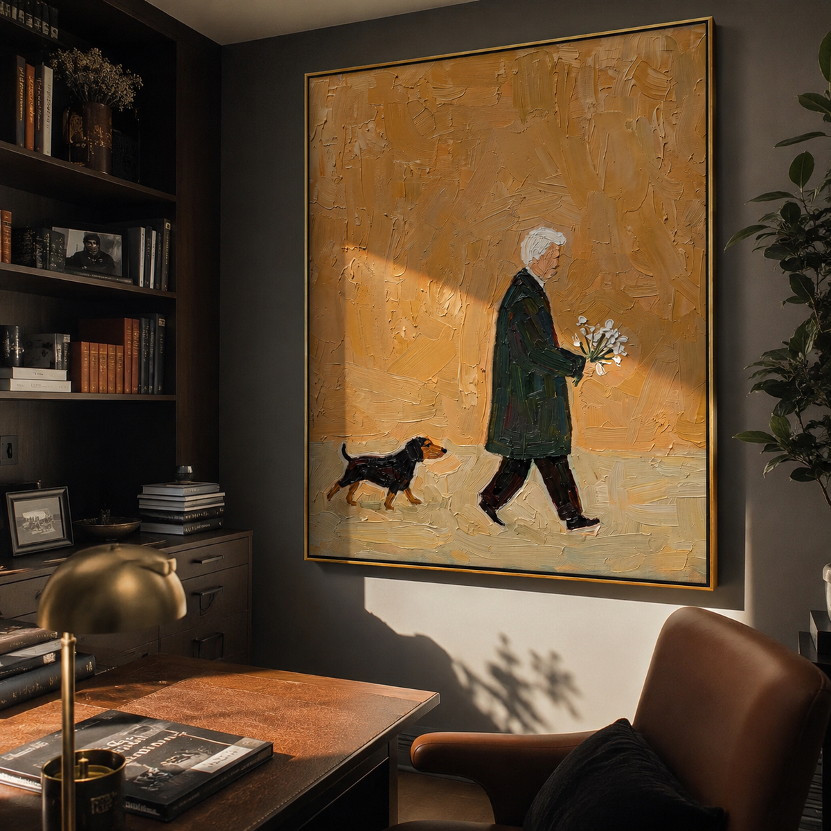 Gold Morning Flower Walk people and pets wall art above contemporary furnishings