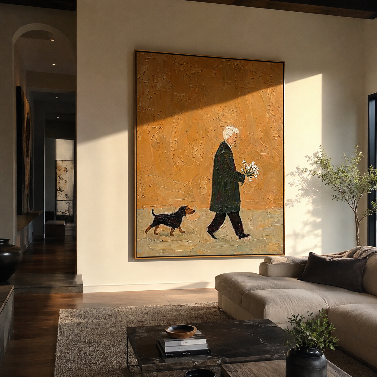 Gold Morning Flower Walk painting presented in an alternate room setting