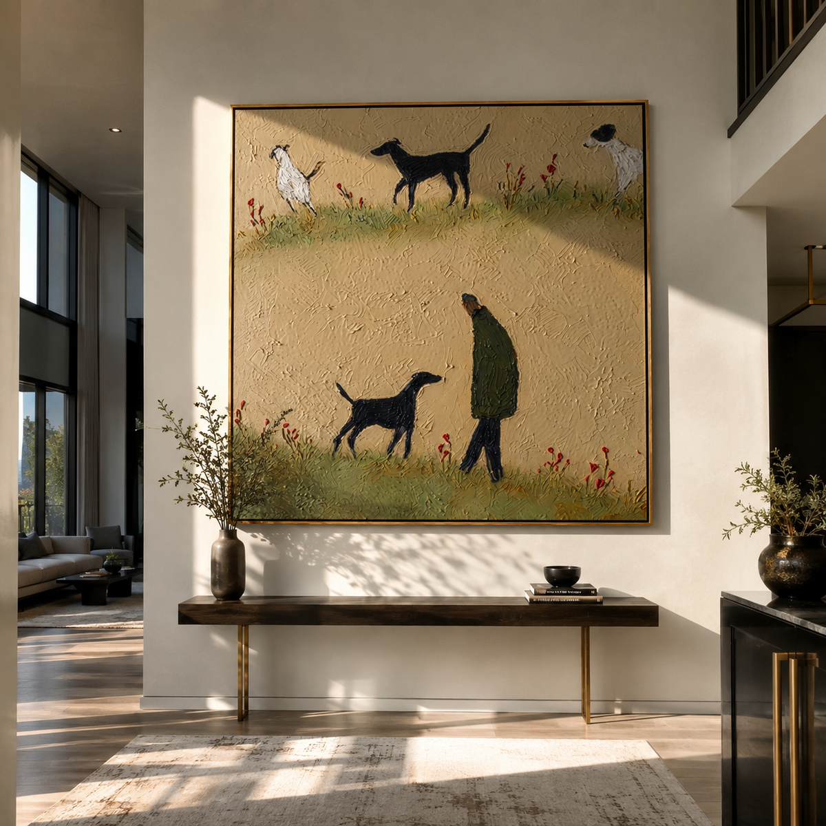Meadow Walk Repeats Softly person and dogs meadow painting displayed in a styled interior