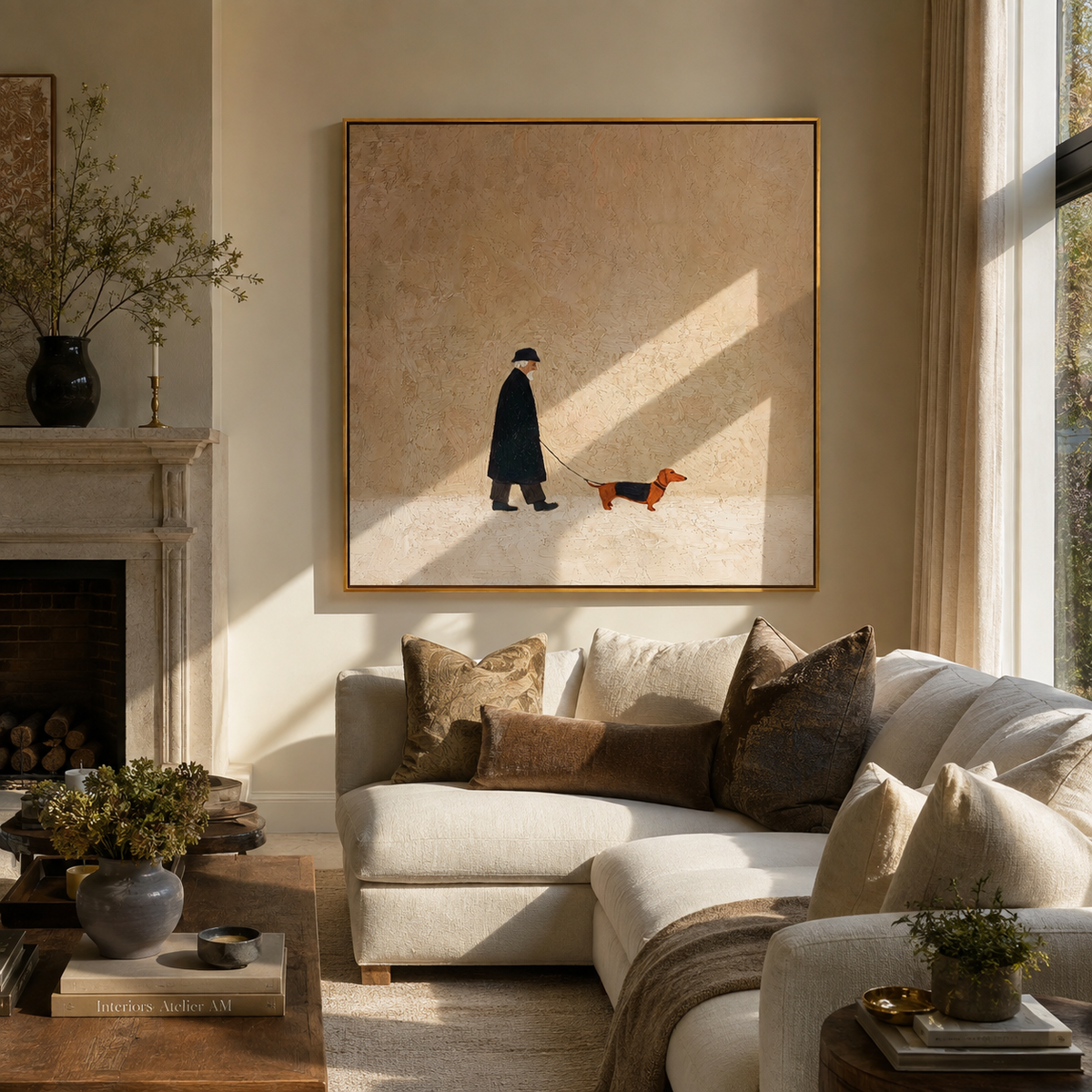 Dachshund Crosses Pale Ground painting presented in an alternate room setting