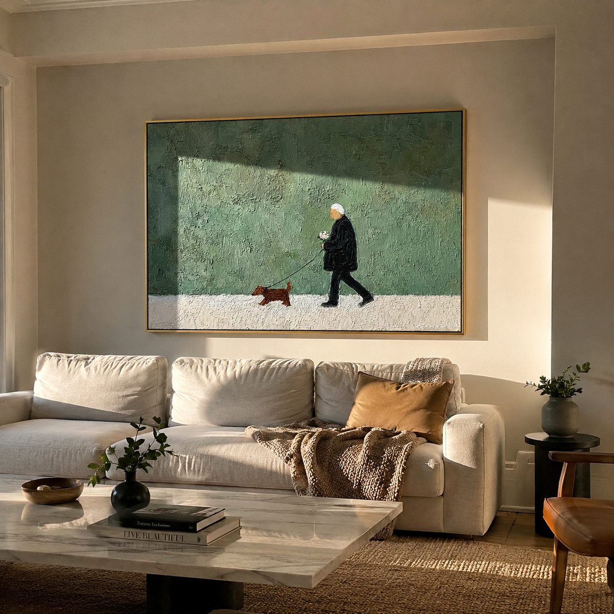 Green Wall Short Journey person and dachshund painting displayed in a styled interior