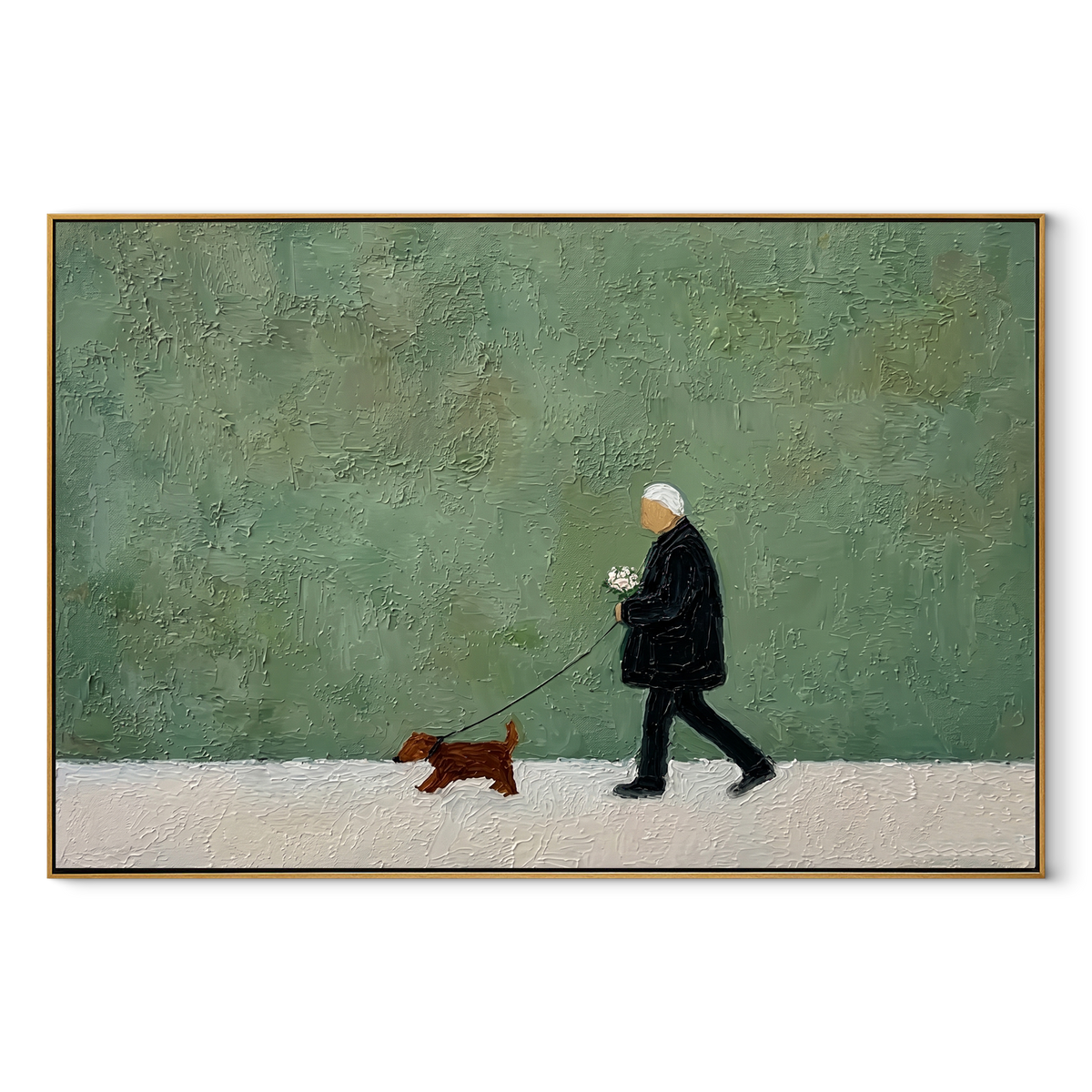 Green Wall Short Journey wide panoramic painting in a wood frame on a white background