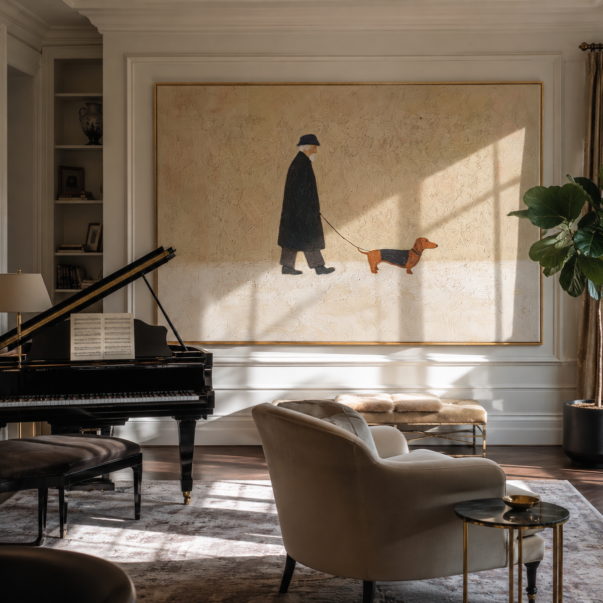 Quiet Coat Orange Hound person walking orange dachshund painting displayed in a styled interior