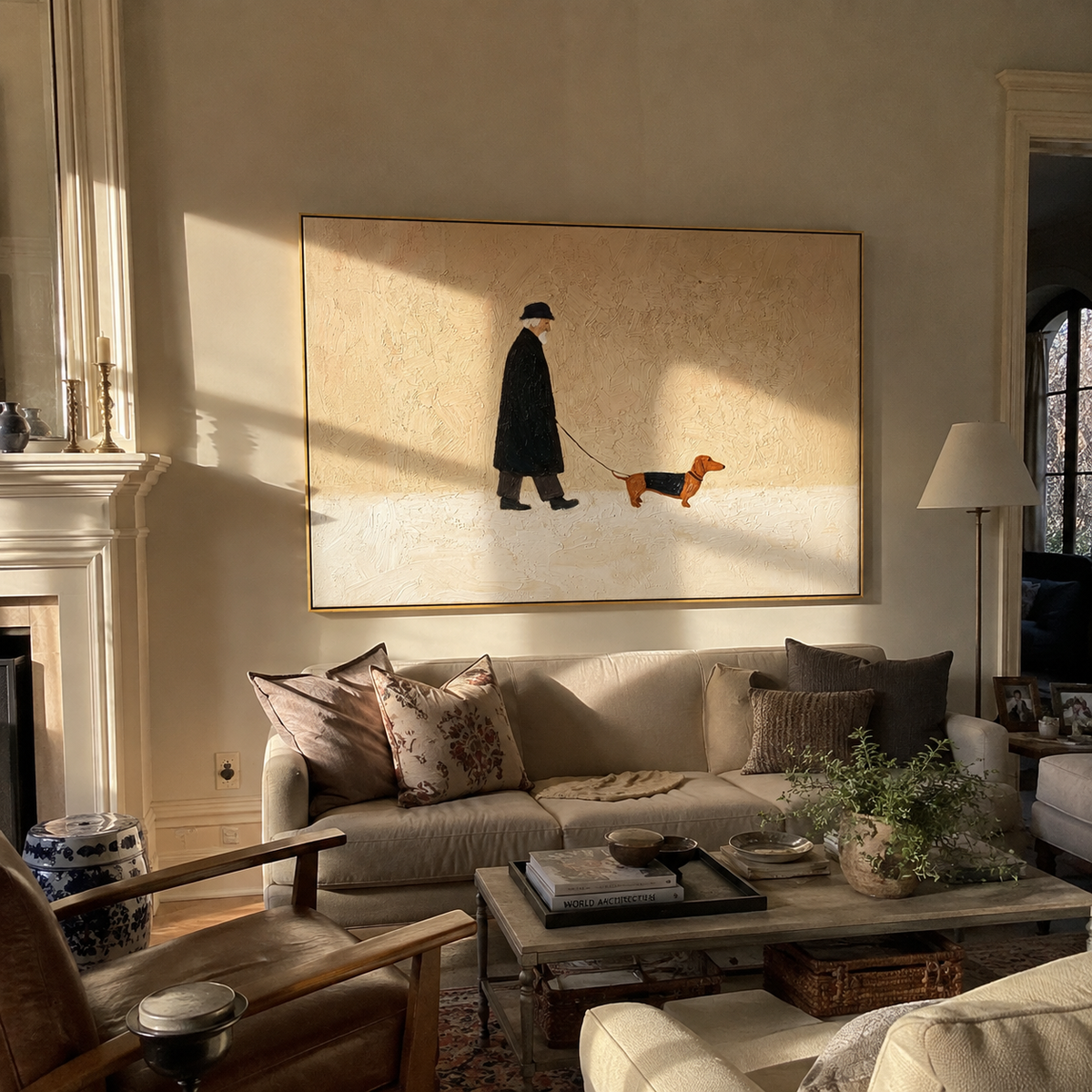 Quiet Coat Orange Hound people and pets wall art above contemporary furnishings