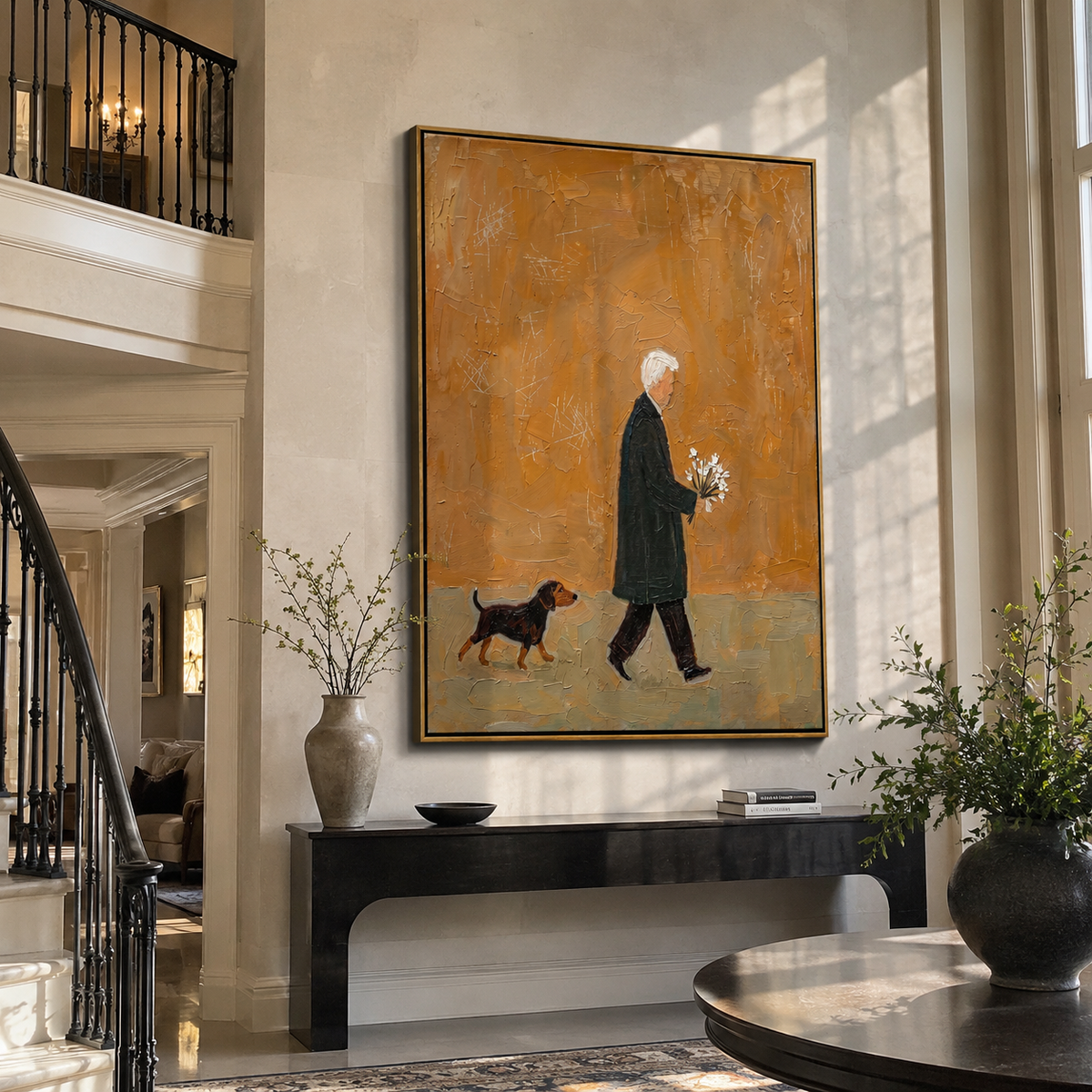 Flowers Cross Amber Air elder with flowers and dog painting displayed in a styled interior
