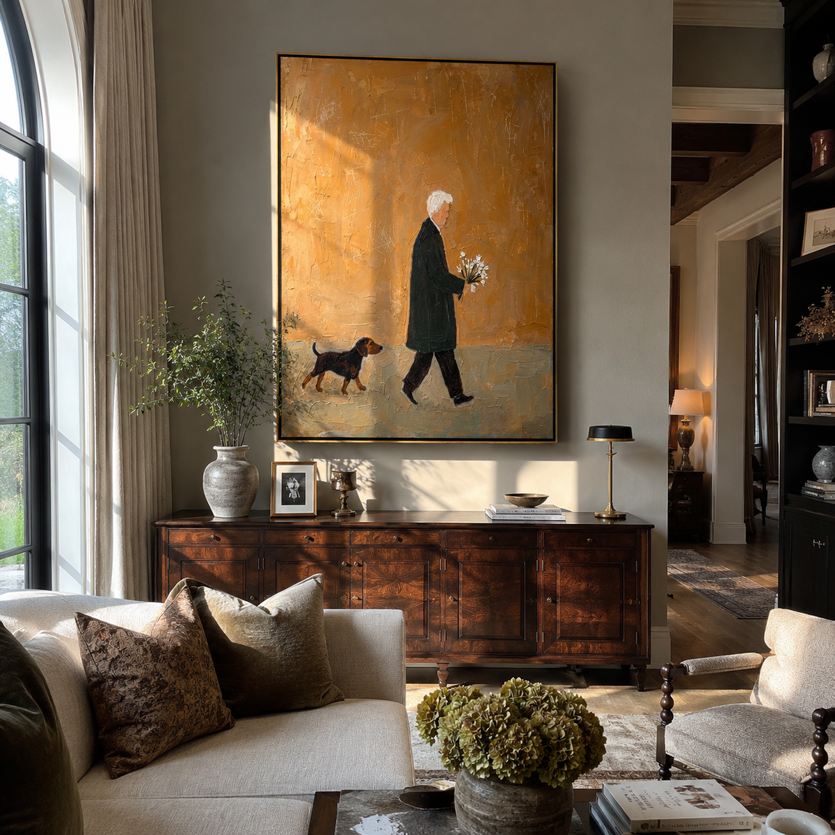 Flowers Cross Amber Air people and pets wall art above contemporary furnishings
