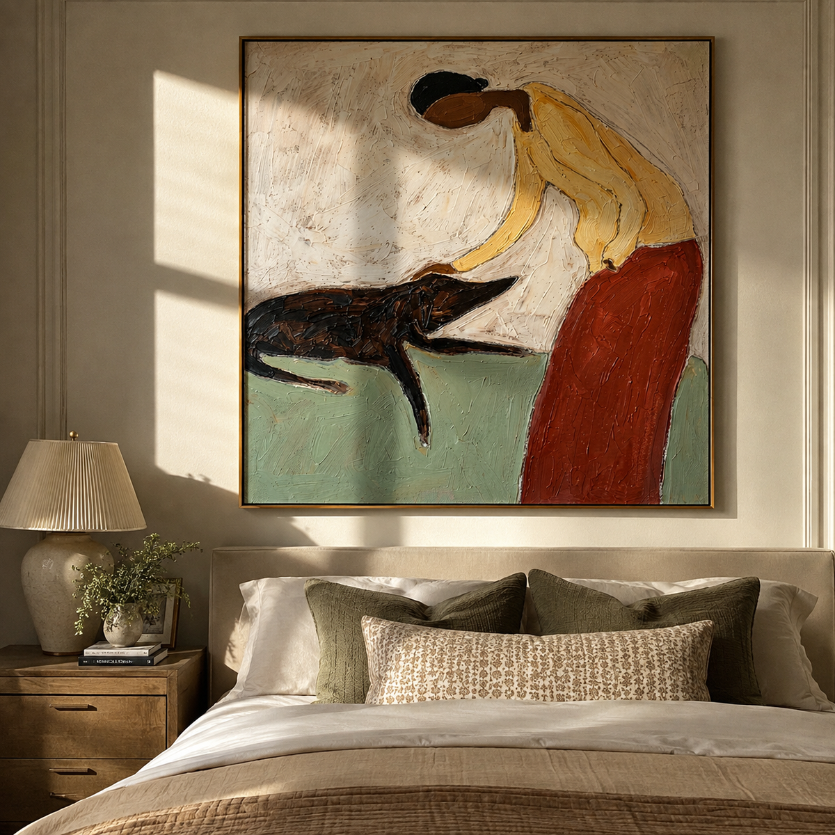 Yellow Sleeves Gentle Greeting painting presented in an alternate room setting