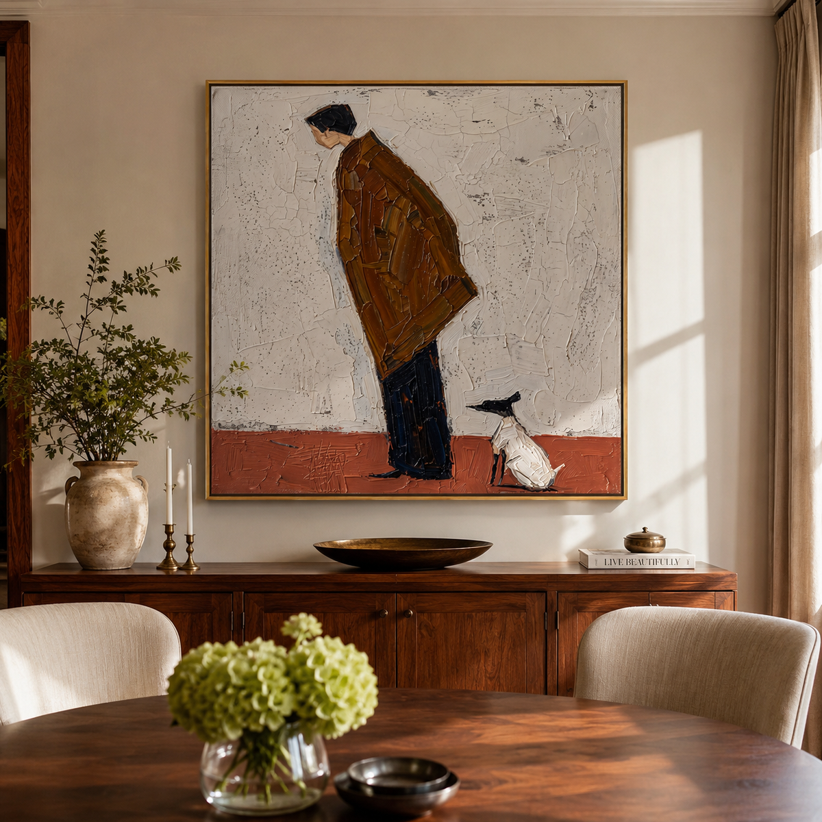 Brown Coat Bends Close person greeting white dog painting displayed in a styled interior