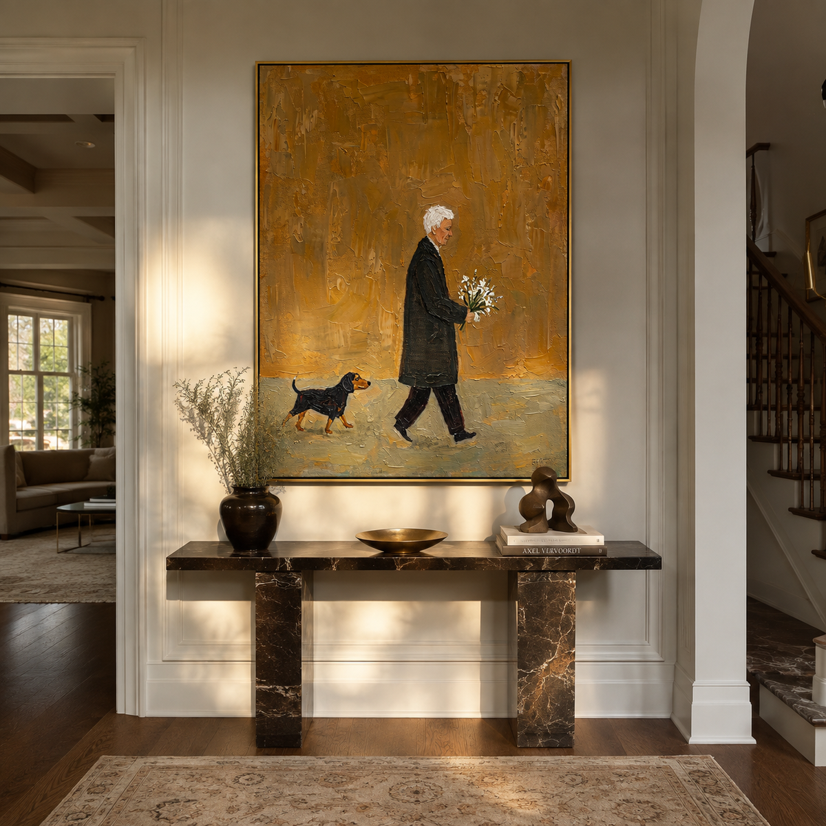 Amber Field Carries Flowers artwork styled as a warm modern focal point