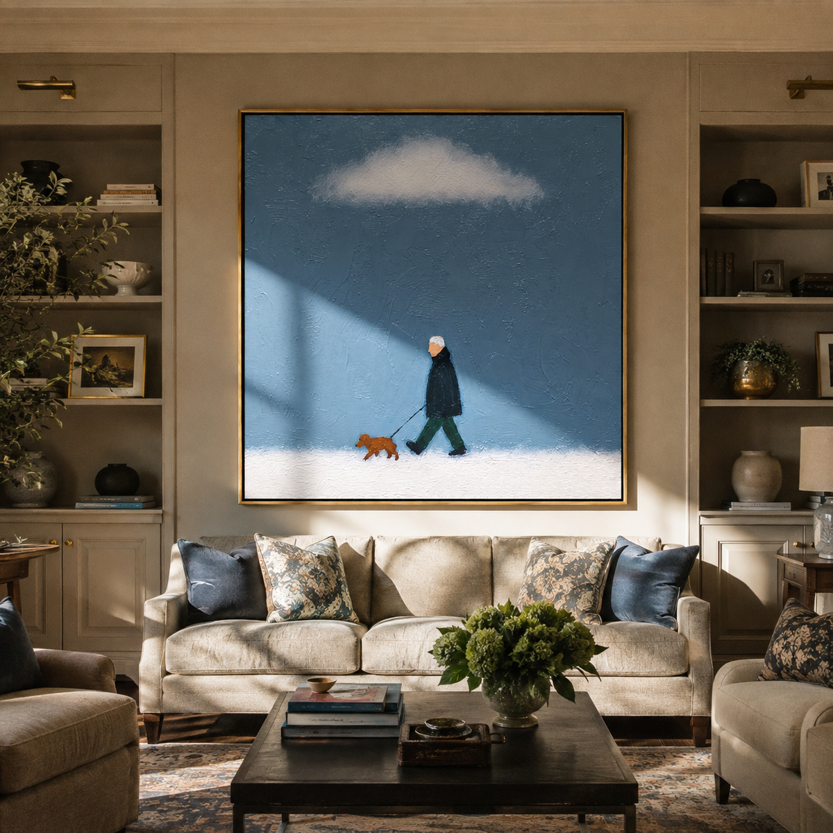 White Cloud Blue Crossing person walking dog blue painting displayed in a styled interior
