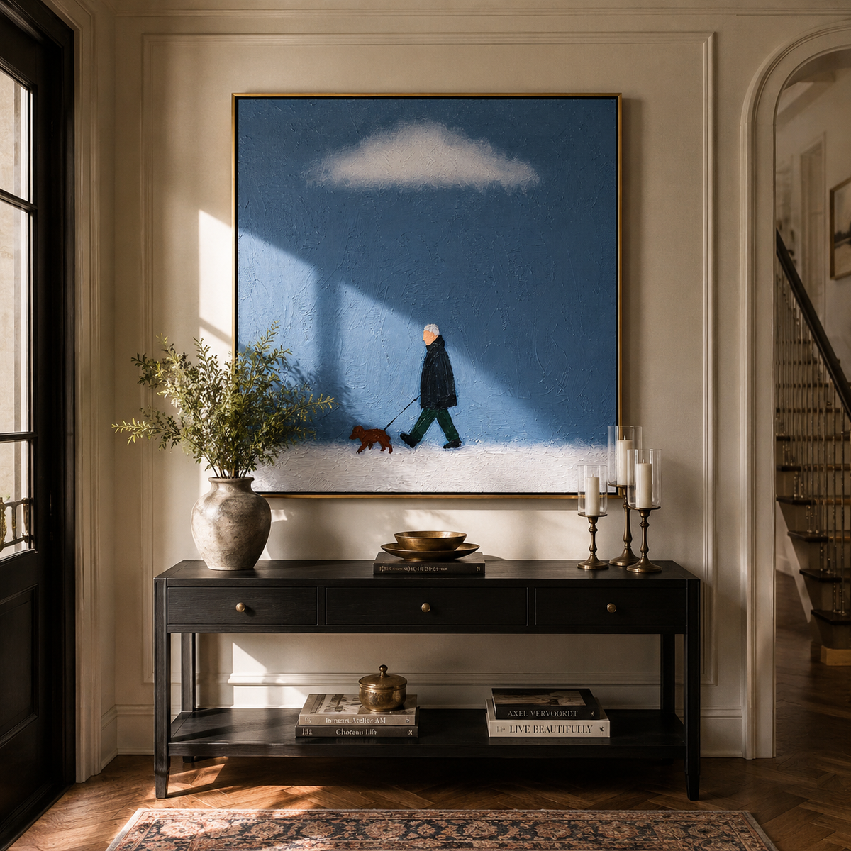 White Cloud Blue Crossing people and pets wall art above contemporary furnishings