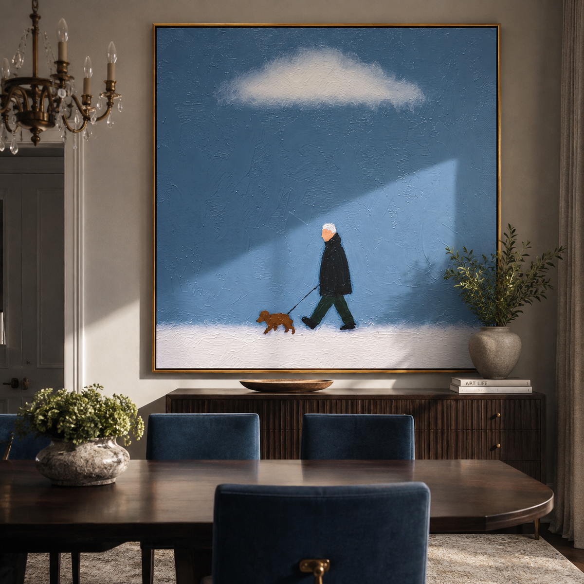 White Cloud Blue Crossing painting presented in an alternate room setting