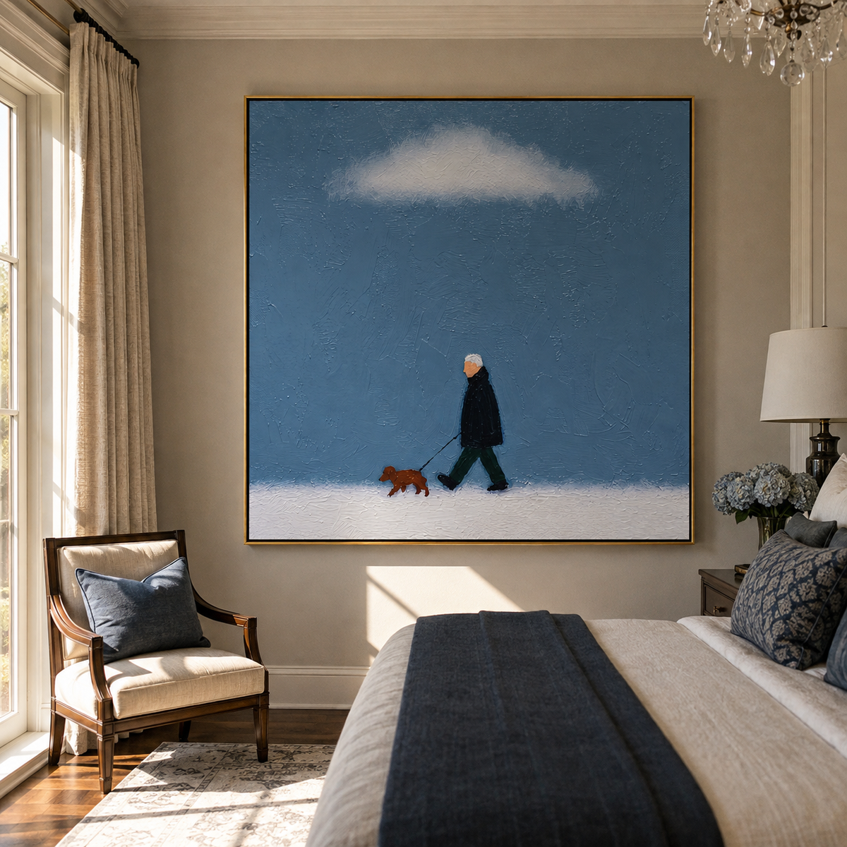 White Cloud Blue Crossing artwork styled as a warm modern focal point