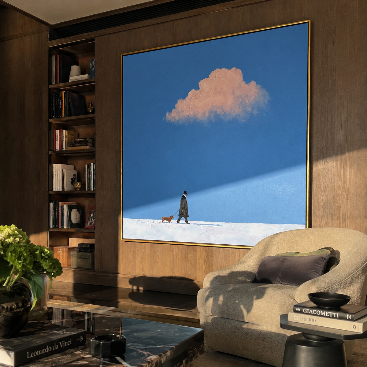 Pink Cloud Winter Walk people and pets wall art above contemporary furnishings