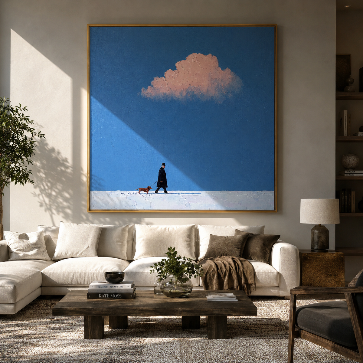 Pink Cloud Winter Walk painting presented in an alternate room setting