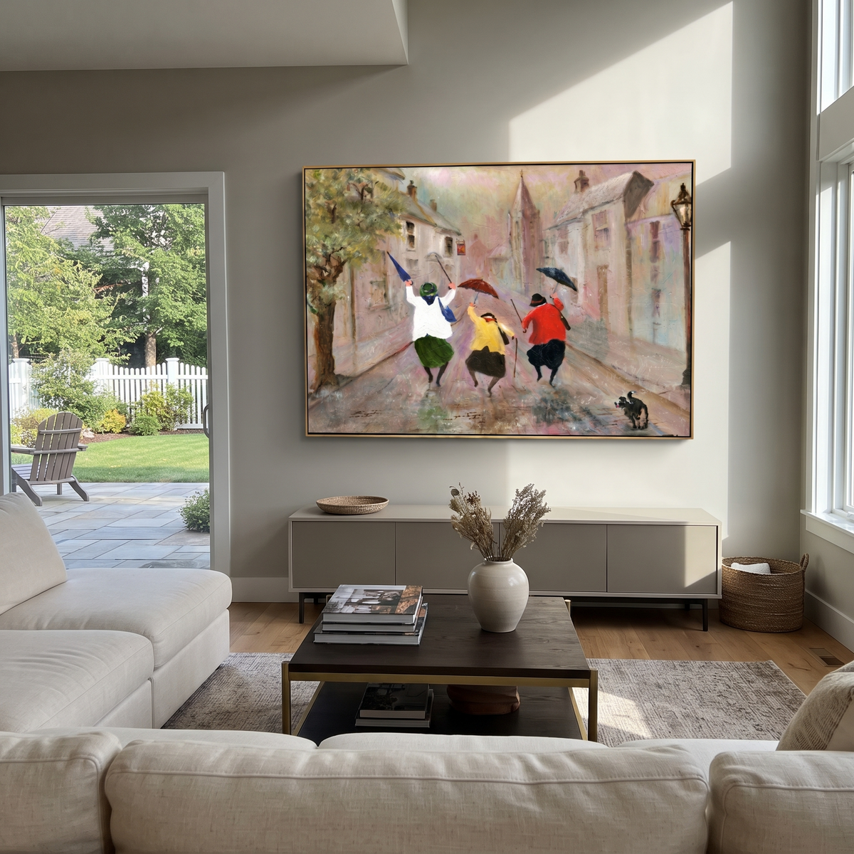 Rain Dance Through Town people and dog street painting displayed in a styled interior