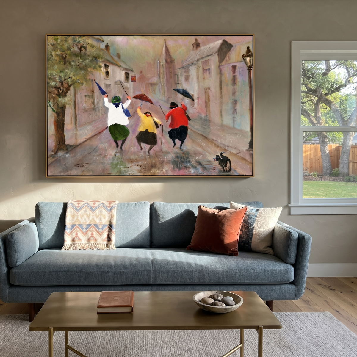 Rain Dance Through Town painting presented in an alternate room setting