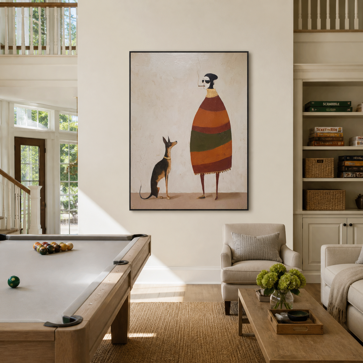 Striped Dress Loyal Shadow people and pets wall art above contemporary furnishings