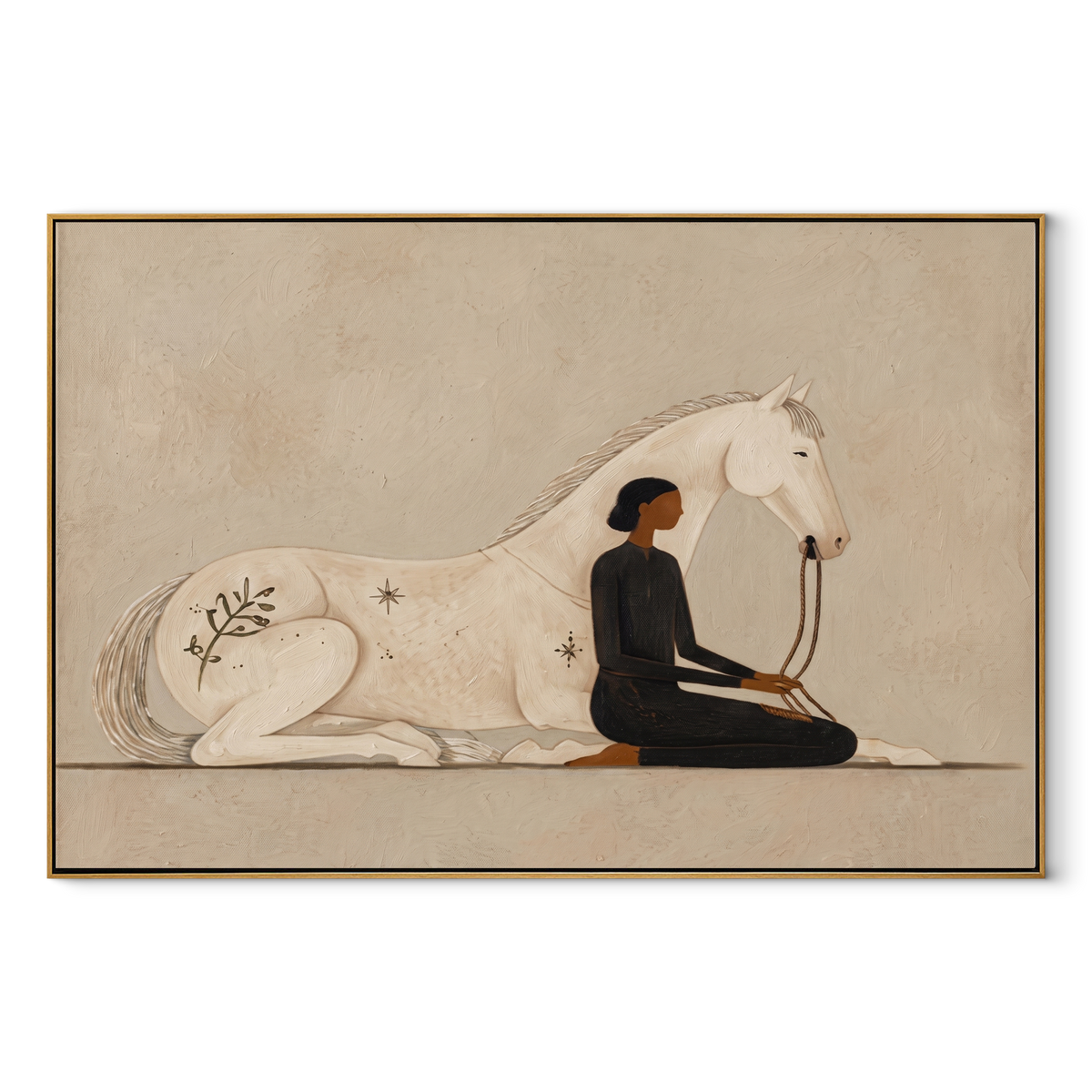White Horse Shared Stillness wide panoramic painting in a wood frame on a white background