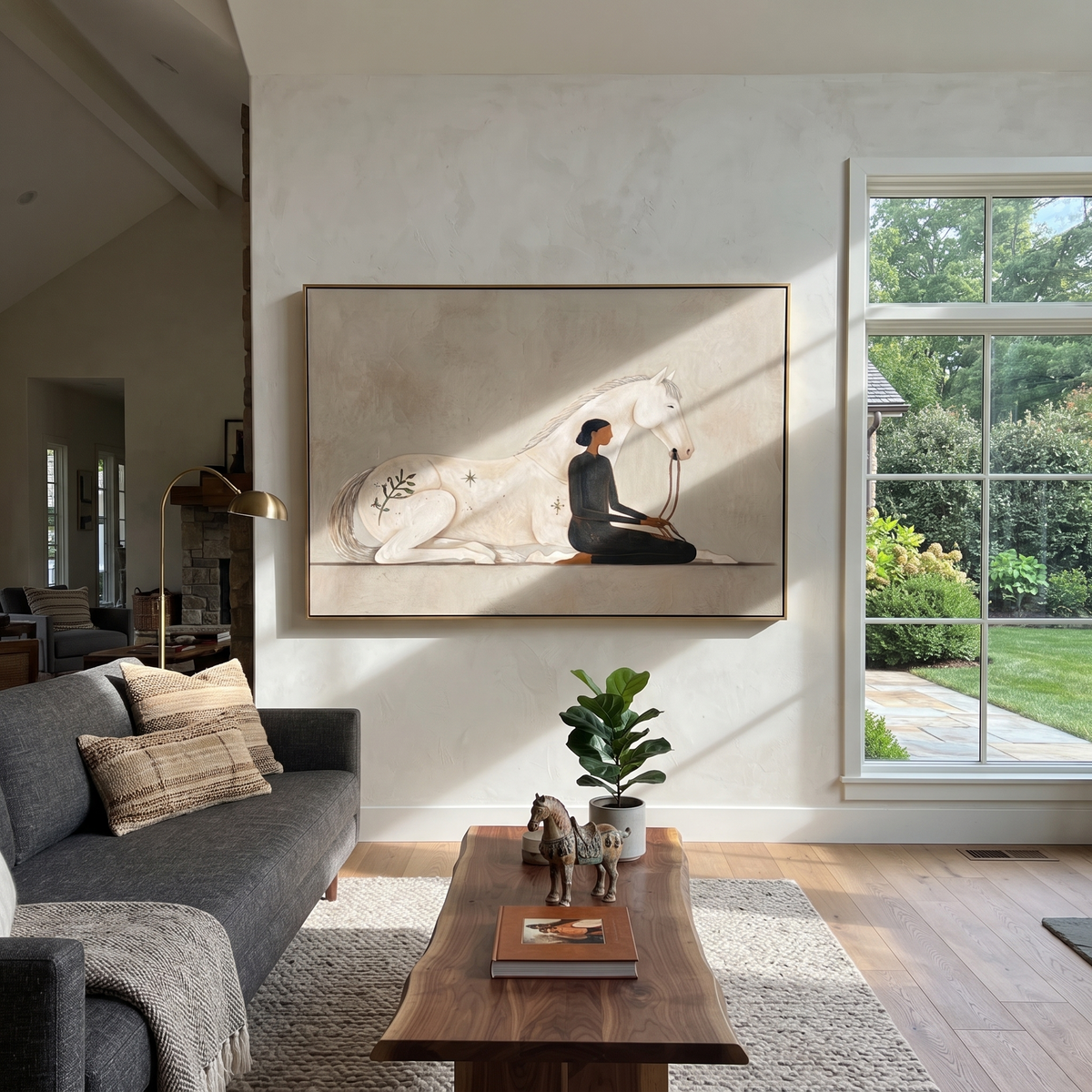 White Horse Shared Stillness people and pets wall art above contemporary furnishings