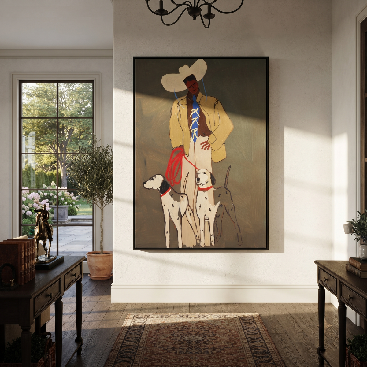 Cowboy Keeps Three Companions cowboy horse and dogs painting displayed in a styled interior
