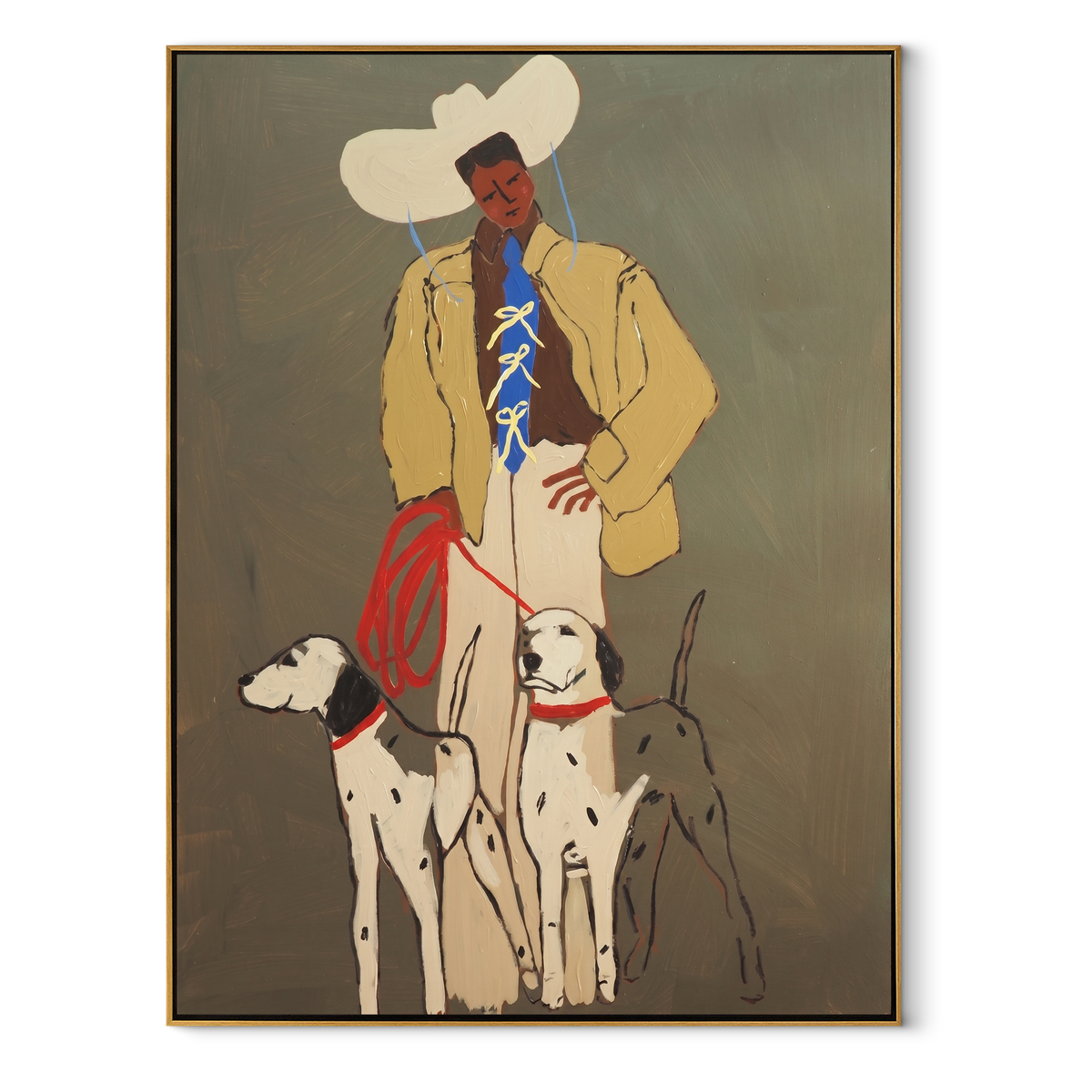 Cowboy Keeps Three Companions vertical painting in a wood frame on a white background