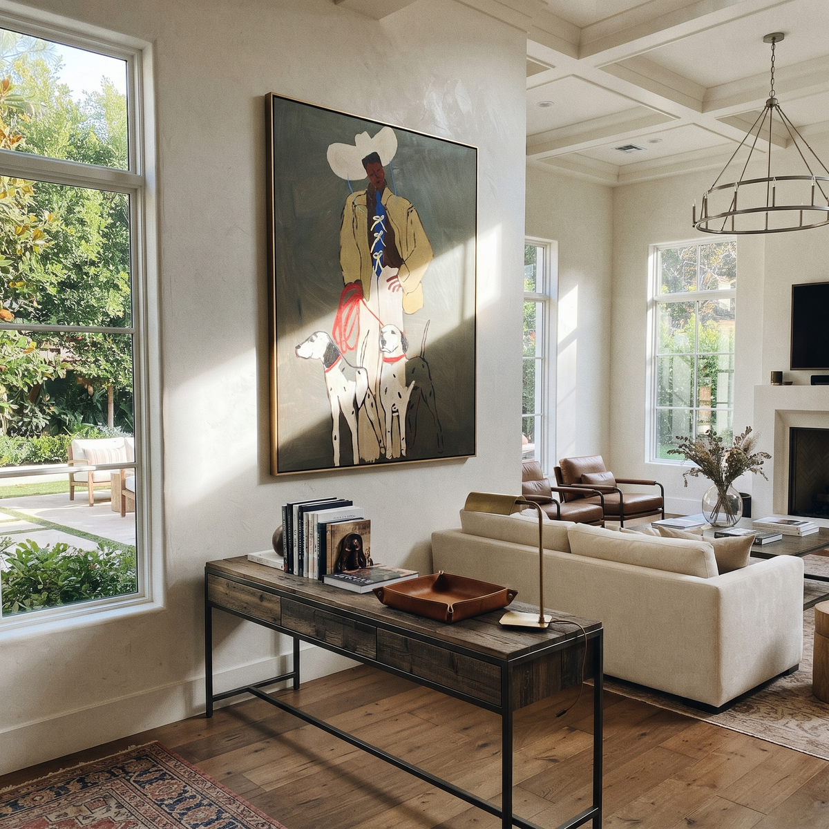 Cowboy Keeps Three Companions people and pets wall art above contemporary furnishings