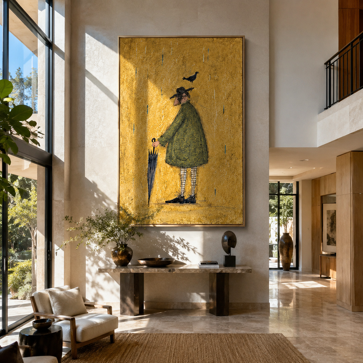 Black Bird Green Coat painting presented in an alternate room setting
