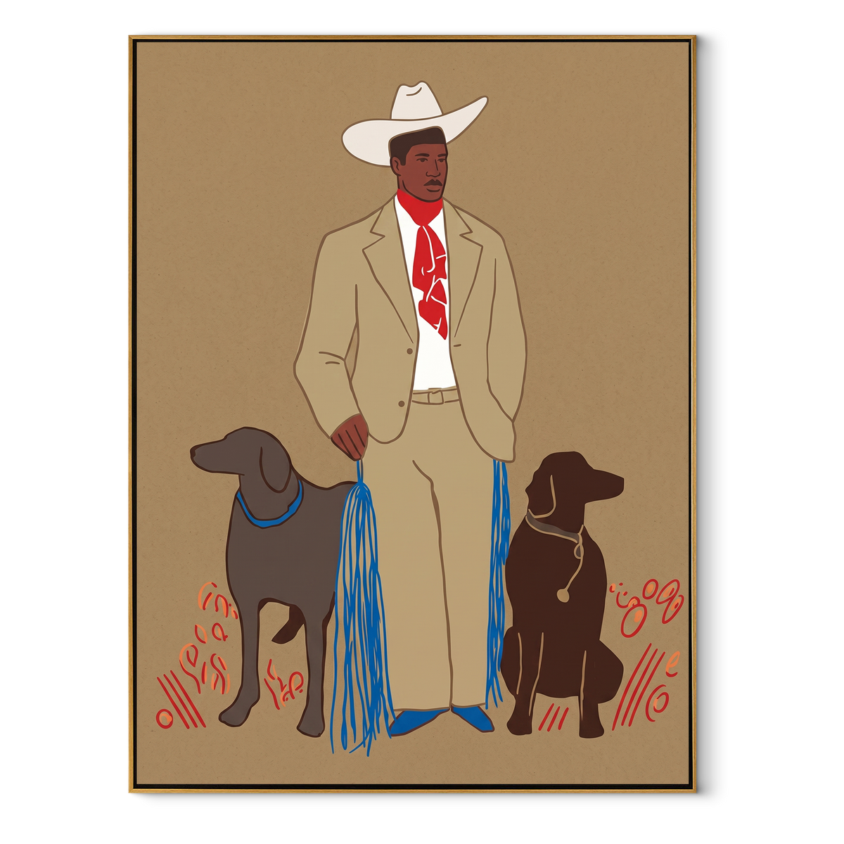 Cowboy Between Two Hounds vertical painting in a wood frame on a white background