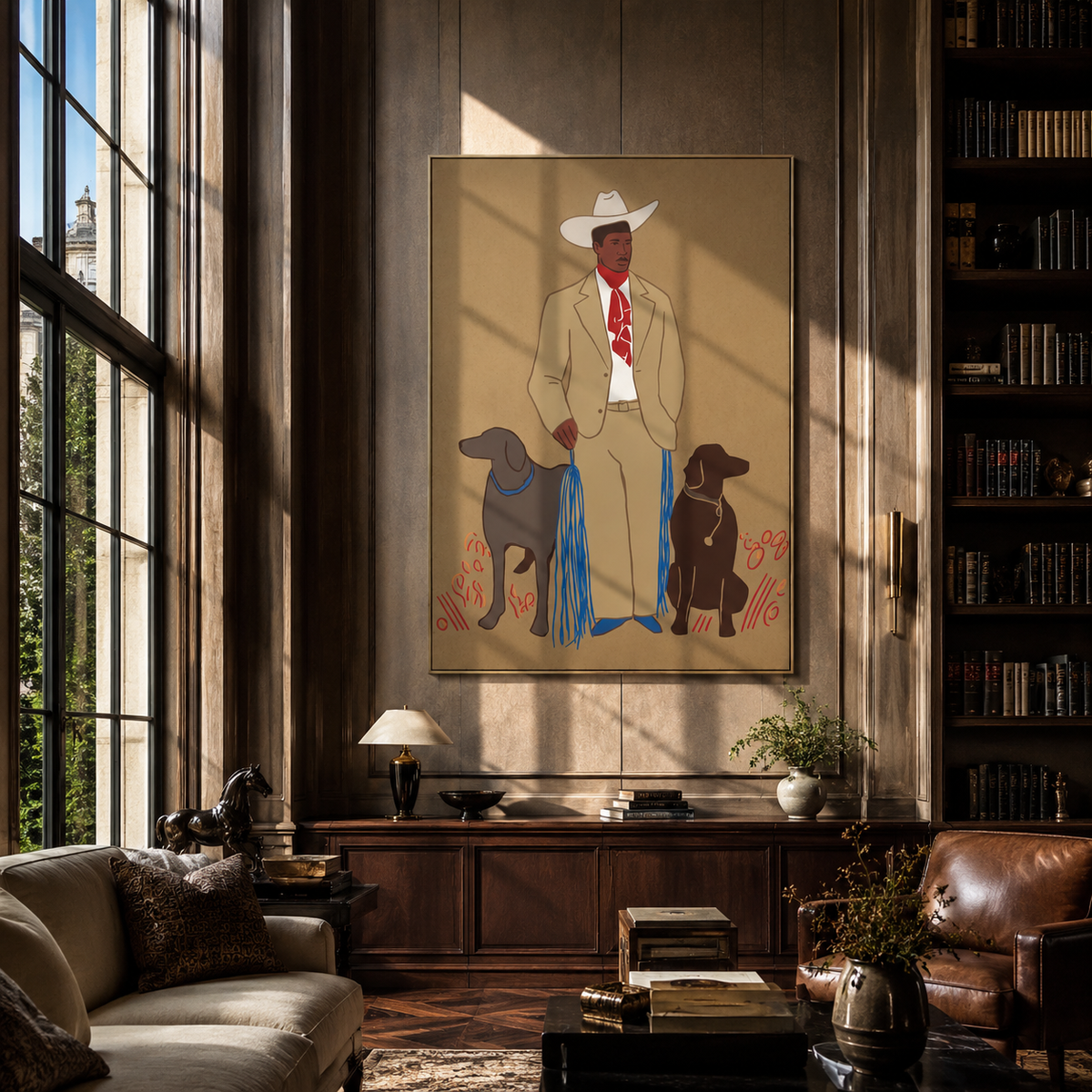 Cowboy Between Two Hounds artwork styled as a warm modern focal point