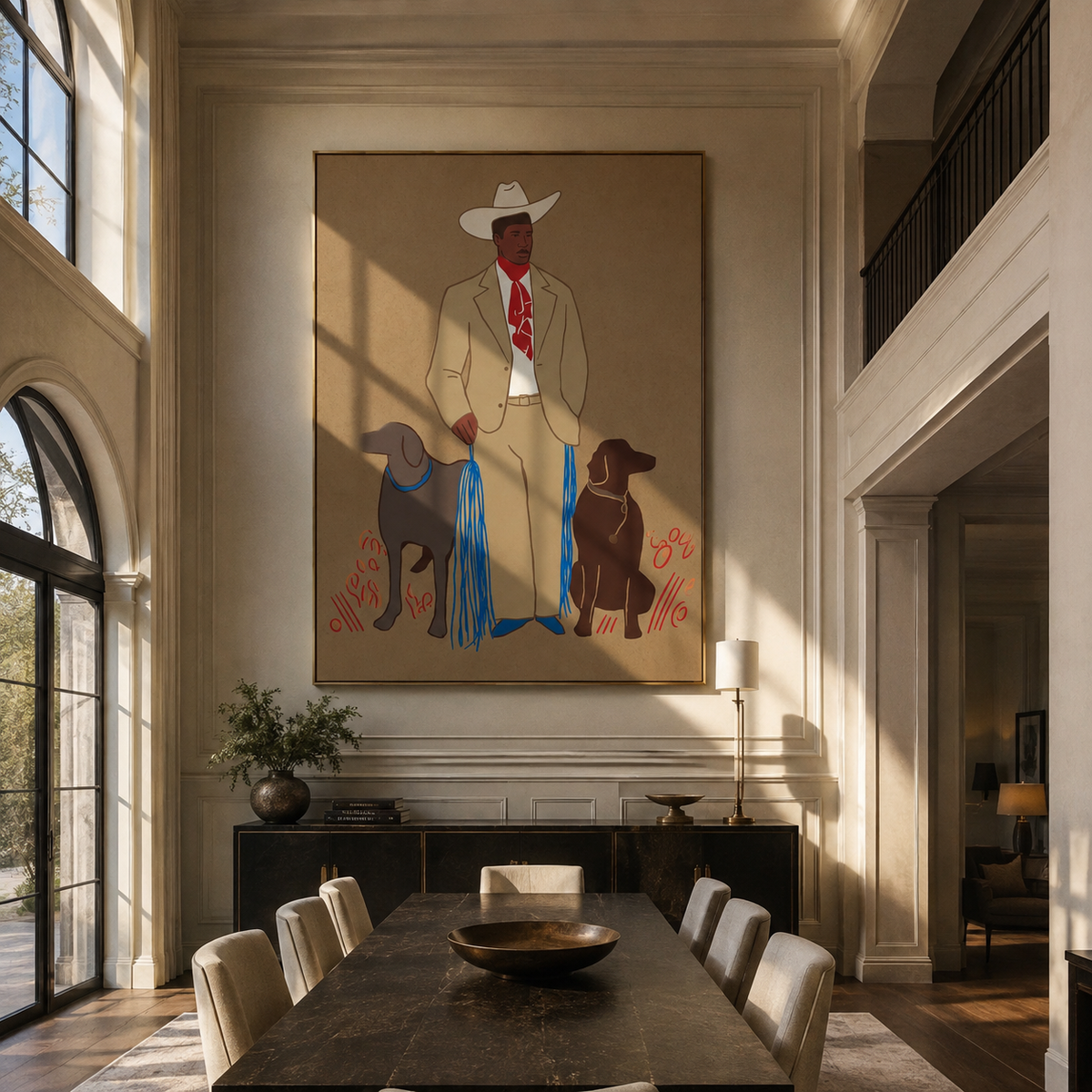 Cowboy Between Two Hounds displayed with natural materials and quiet decor