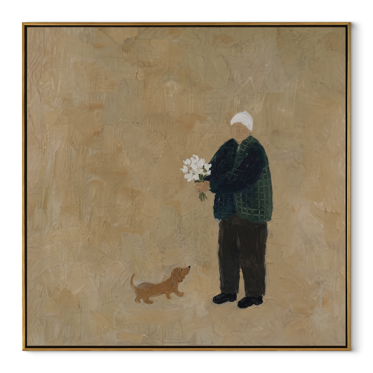 Flowers Find Small Hound square painting in a wood frame on a white background