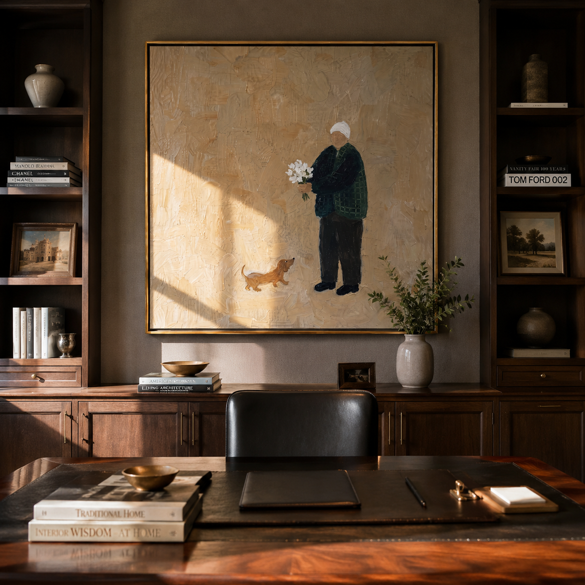 Flowers Find Small Hound painting presented in an alternate room setting