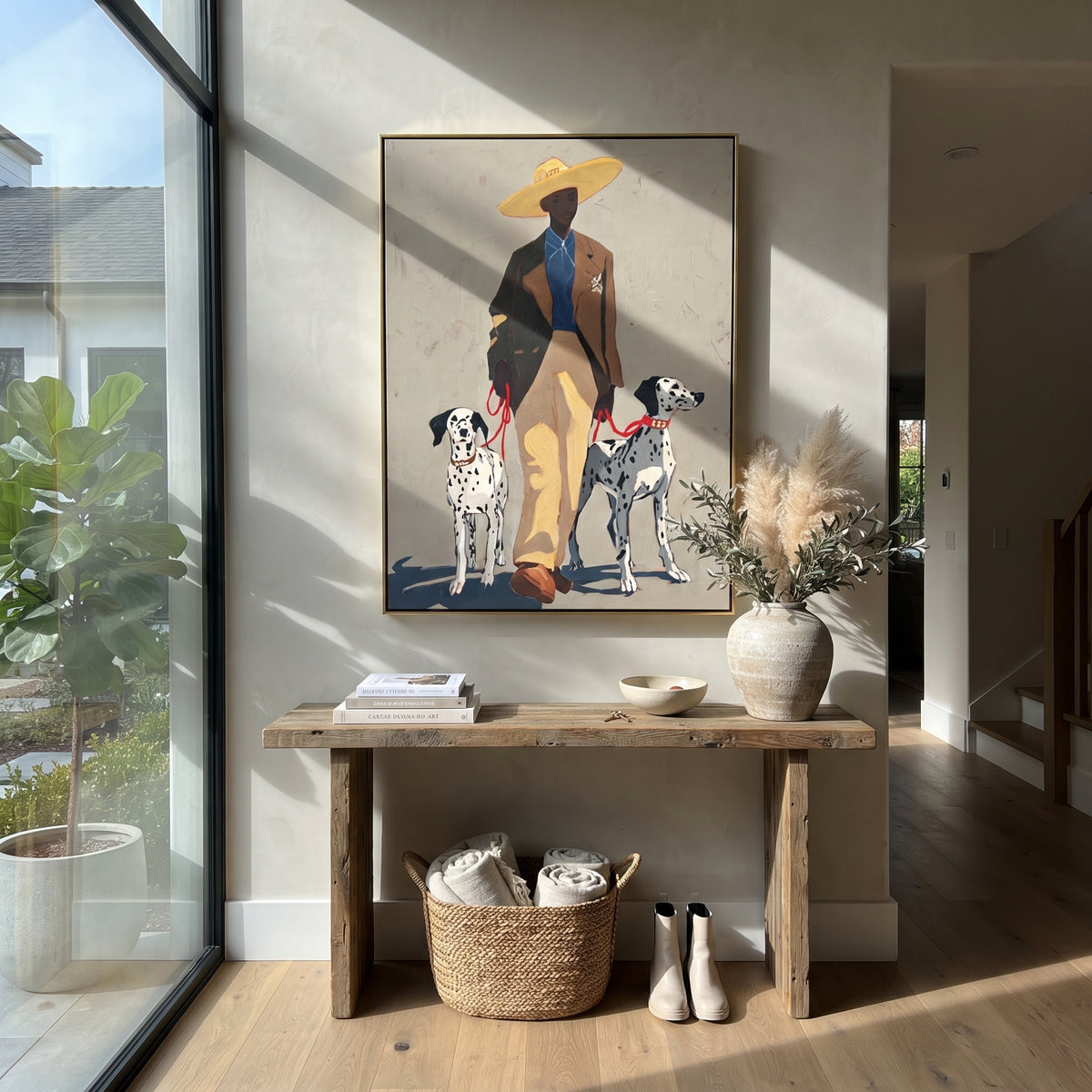 Spotted Dogs Guard Yellow painting presented in an alternate room setting