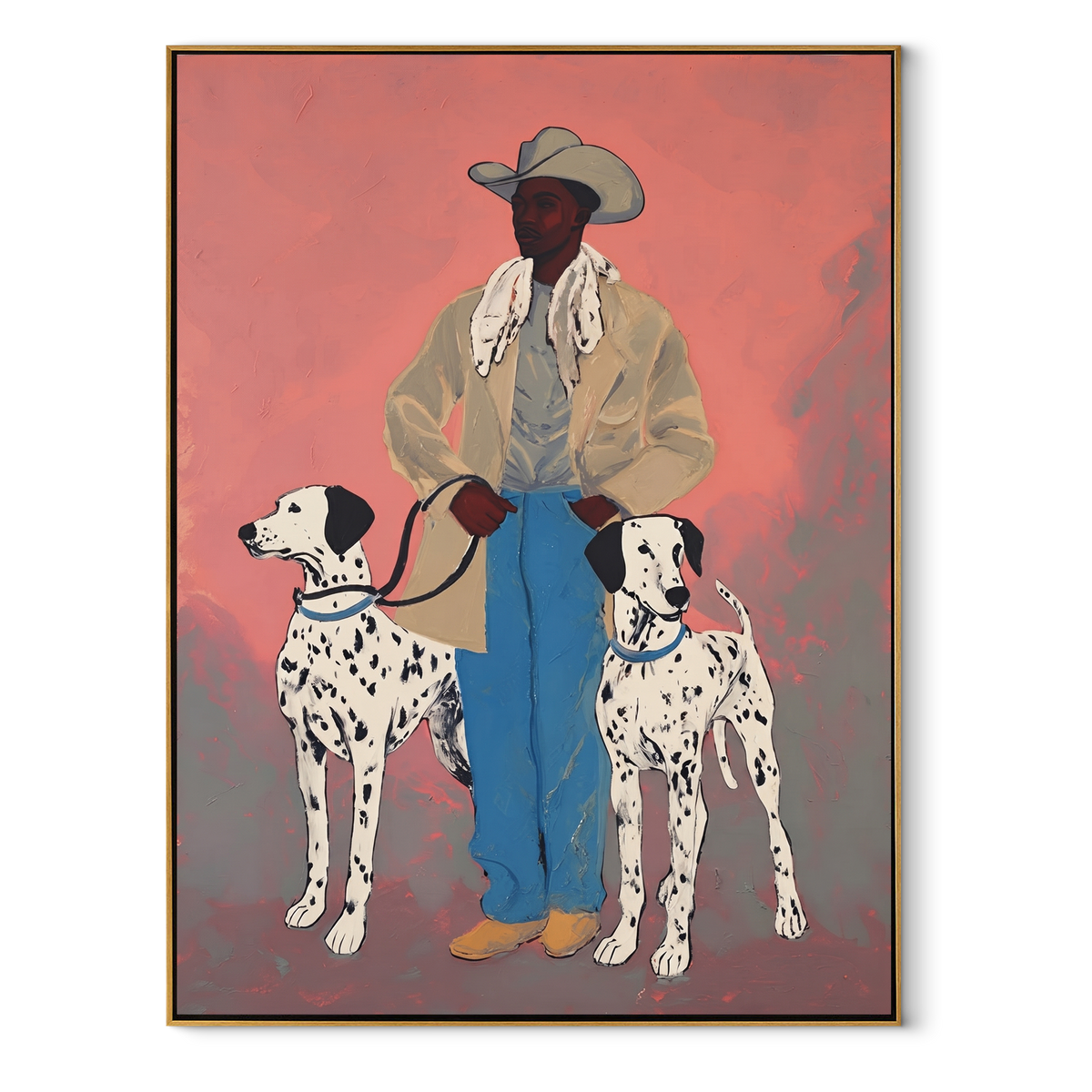 Two Dalmatians Pink Evening vertical painting in a wood frame on a white background